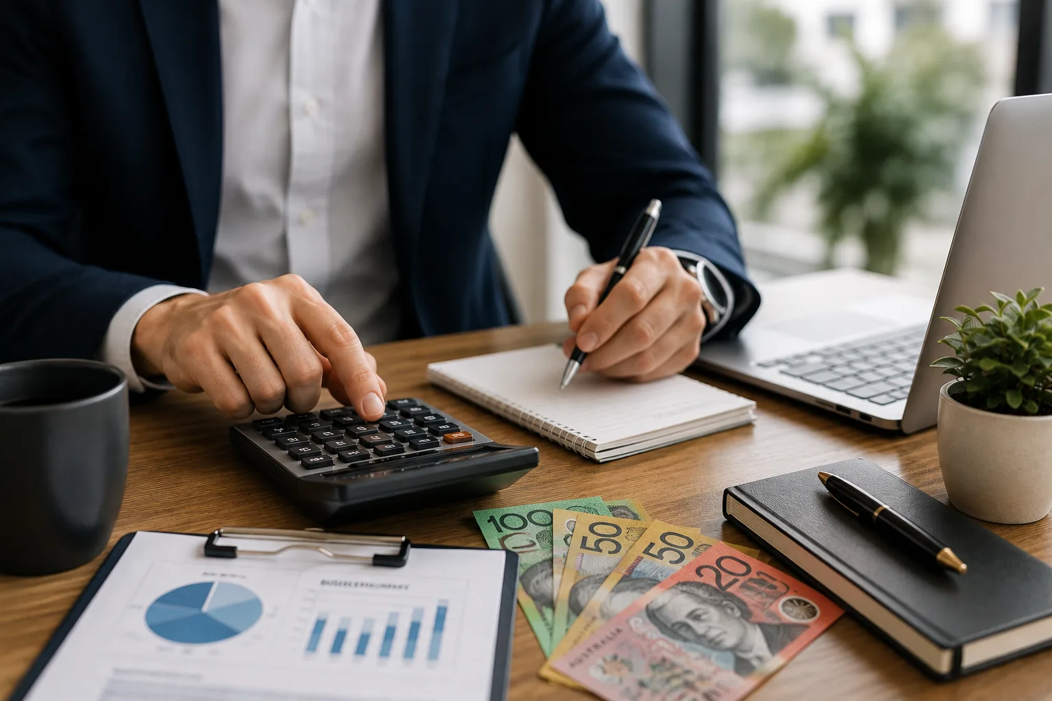 Business loan broker in Sydney reviewing business finances with a calculator and budget report