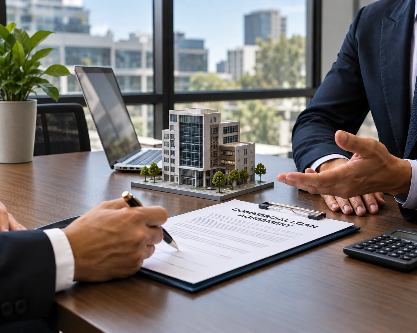 Commercial loan broker in Sydney reviewing loan documents with a client beside a commercial property building model.