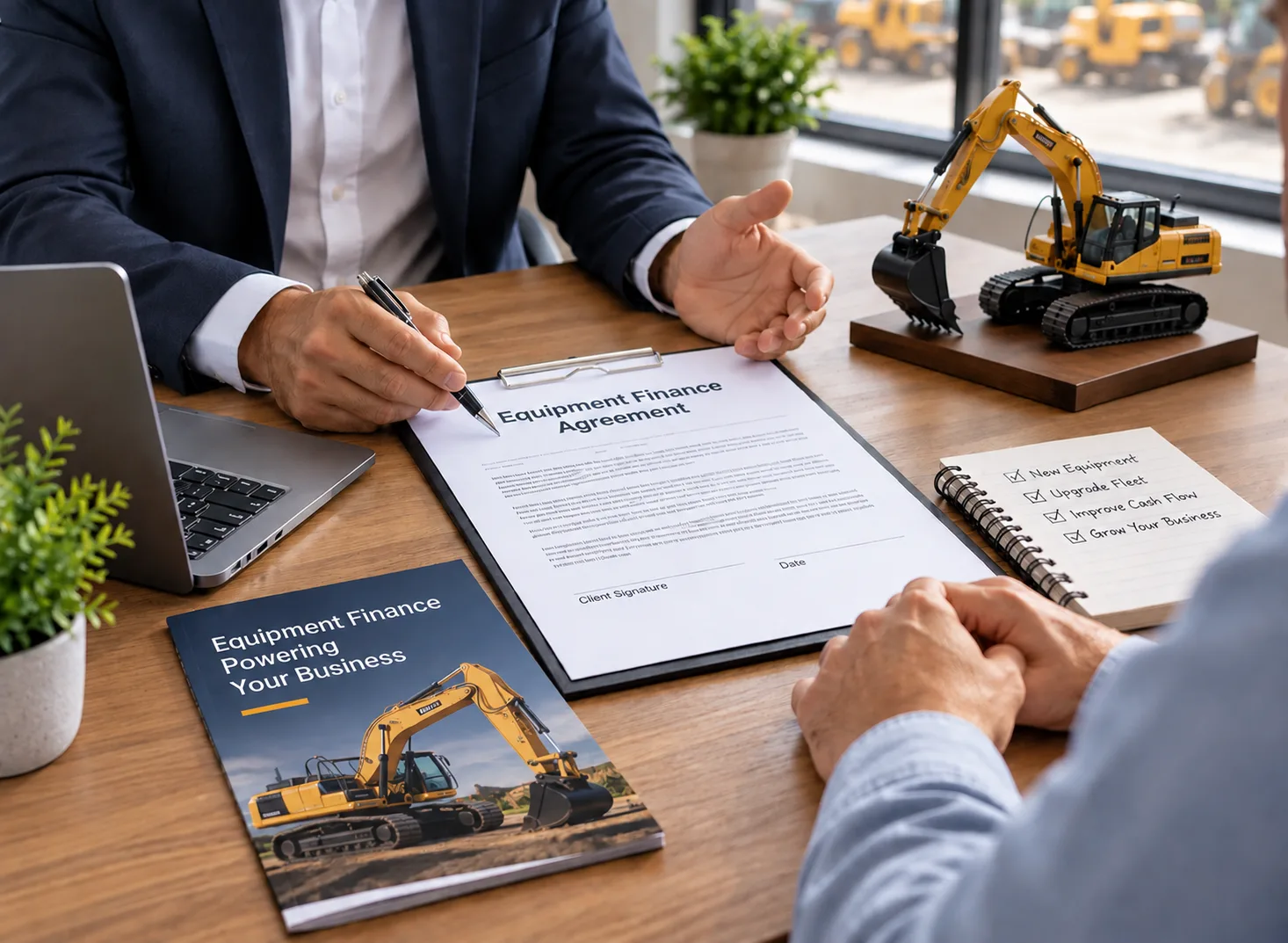 Equipment finance broker Sydney reviewing an equipment finance agreement with a client at a desk.