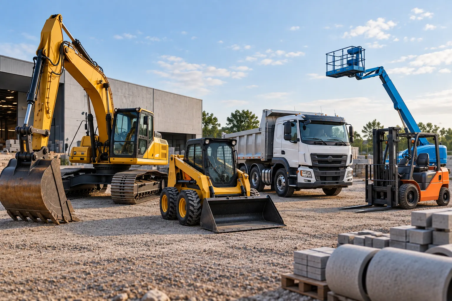 Equipment loan broker in Sydney with excavator, skid steer, dump truck, forklift and boom lift at a commercial equipment yard.