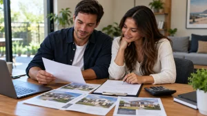 First home buyers reviewing extra costs beyond the deposit for a Parramatta apartment purchase.