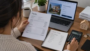 Income needed for home loans Australia, with a person reviewing a payslip, budget, and borrowing power.