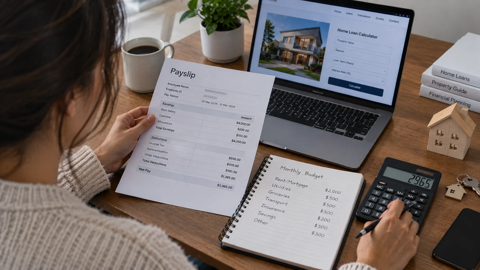 Income needed for home loans Australia, with a person reviewing a payslip, budget, and borrowing power.