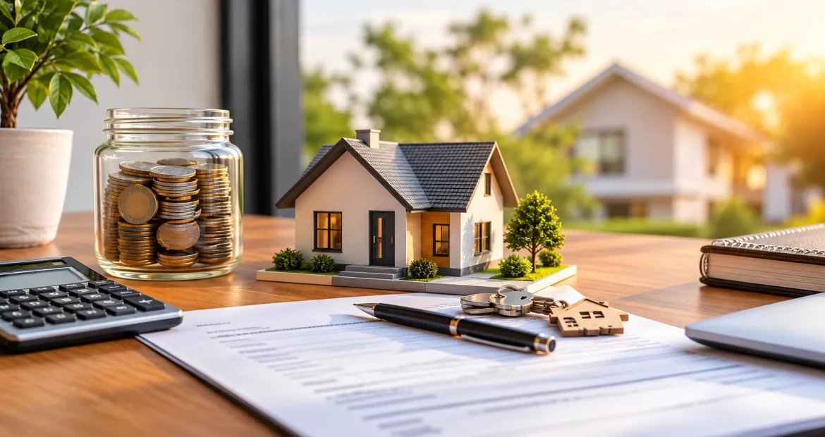 Parramatta home loans guide with a model house, savings jar, calculator, documents and house keys on a desk.