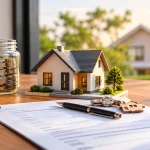 Parramatta home loans guide with a model house, savings jar, calculator, documents and house keys on a desk.
