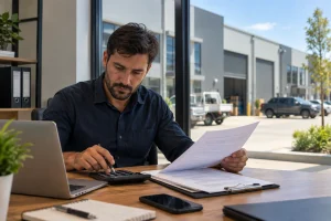Business owner reviewing documents and calculator for a commercial property loan deposit.