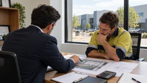 Commercial property loan consultation with professionals reviewing commercial property plans in an office.