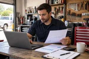 Small business owner preparing documents to apply for a business loan.