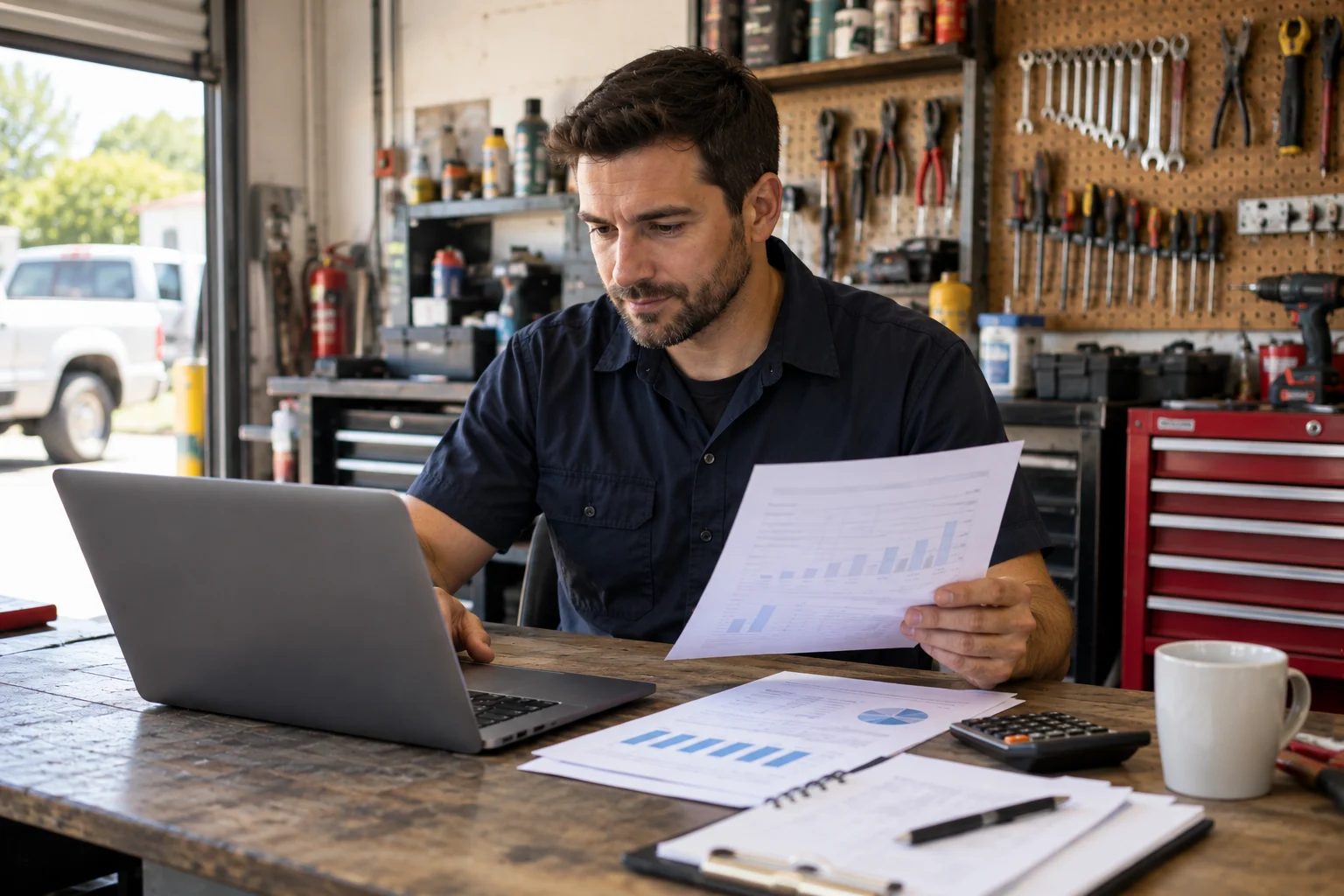 Small business owner preparing documents to apply for a business loan.