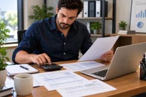 Self-employed business owner reviewing bank statements and BAS for a low doc business loan