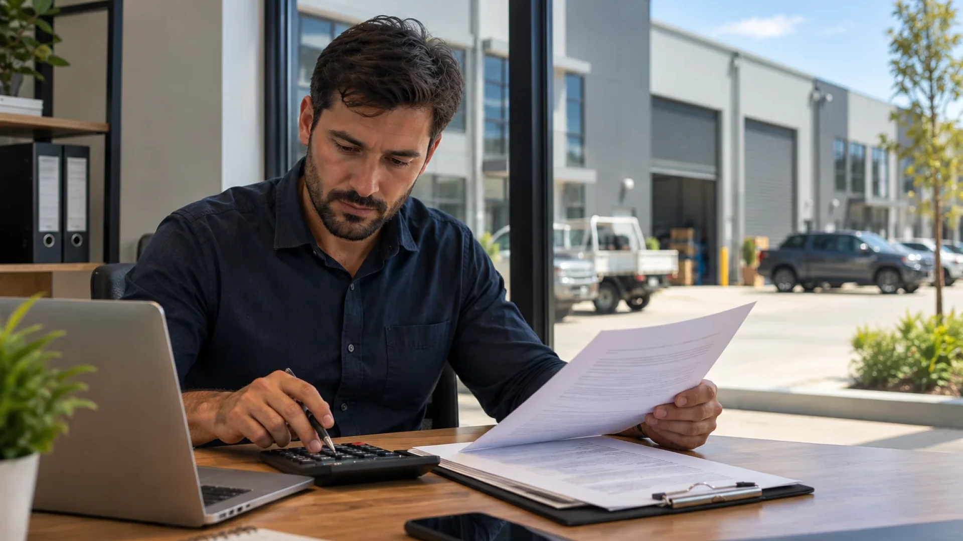 Business owner reviewing documents and calculator for a commercial property loan deposit.