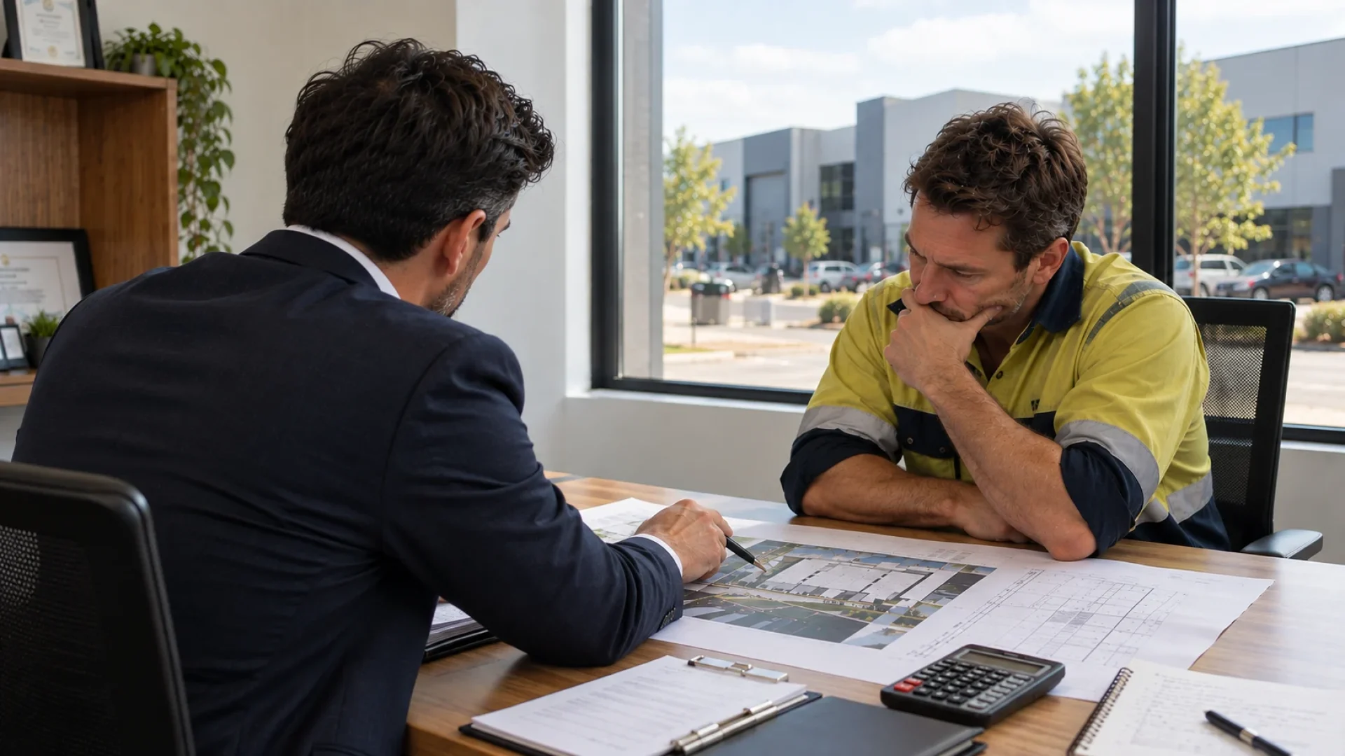 Commercial property loan consultation with professionals reviewing commercial property plans in an office.