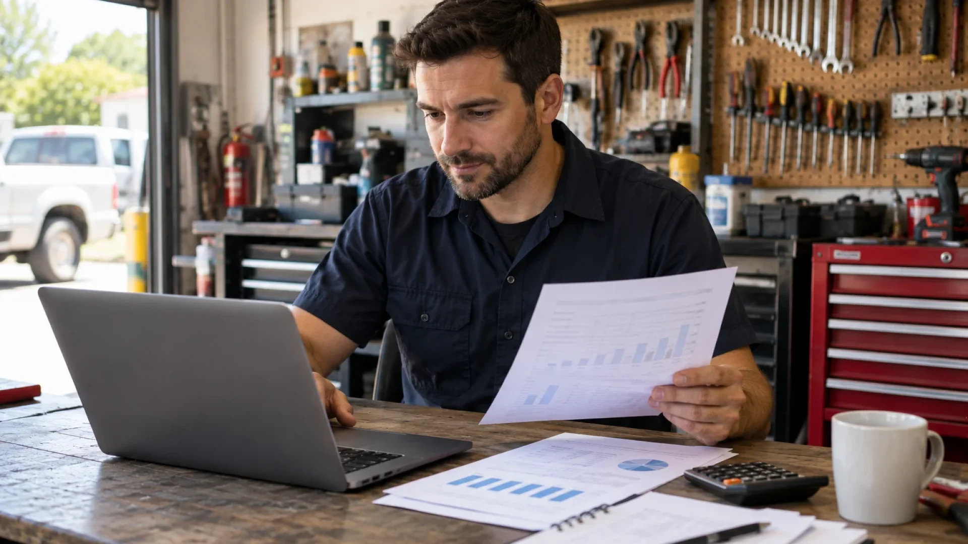 Small business owner preparing documents to apply for a business loan.