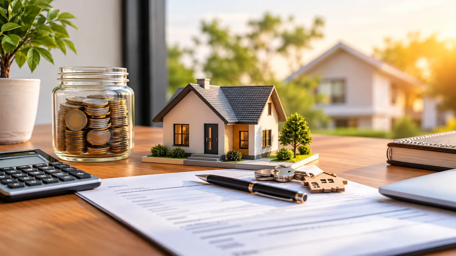 Parramatta home loans guide with a model house, savings jar, calculator, documents and house keys on a desk.